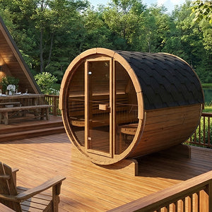 SaunaLife 87"D × 81"H Glass Front Model E8G ERGO‑Series Outdoor Sauna Barrel Up to 6 Person