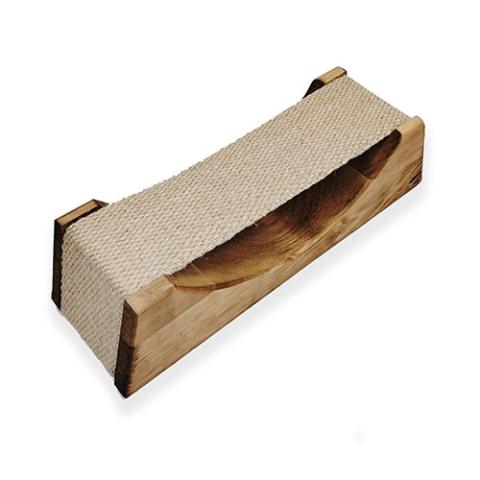 A rectangular wooden sauna headrest shown from an overhead, diagonal angle against a white background. It features a wide strip of tightly woven, cream-colored linen cloth stretched tightly over its top surface to act as a flexible neck support. The sturdy side panels are crafted from smooth, light-brown wood with prominent grain lines and dark, singed edges. A wide, gentle U-shaped curve is carved into the top edge of the front wooden panel, letting the cloth support cradle down.