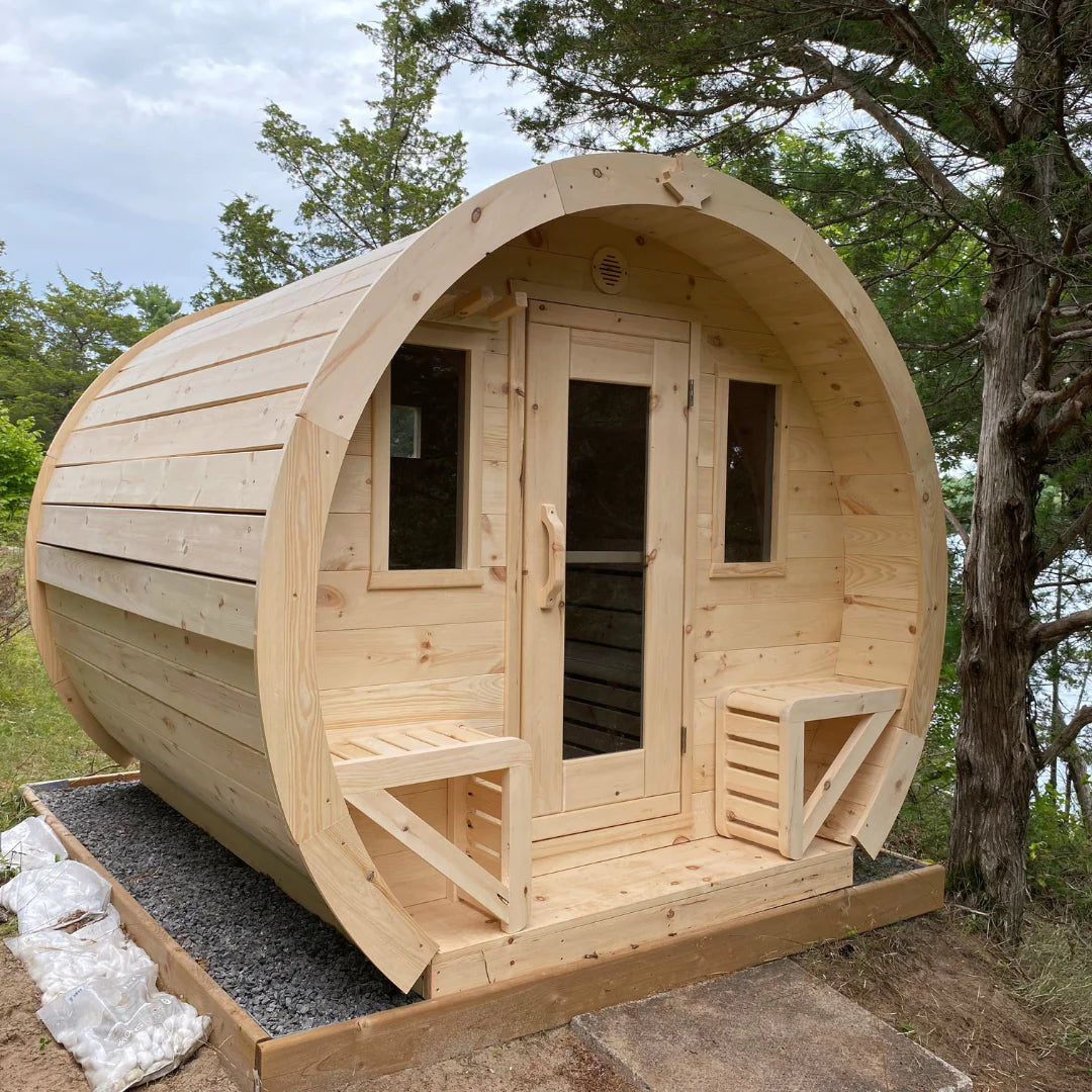 True North Saunas Schooner Outdoor Sauna TNSSS - Top-quality Red Cedar, White Cedar, or Pine Wood - Porch Includes 2 Premium Design Seats - Roof membrane - Roof boards - Flat floors - Door Handles - Glass Doors - Benches - Vital Hydrotherapy