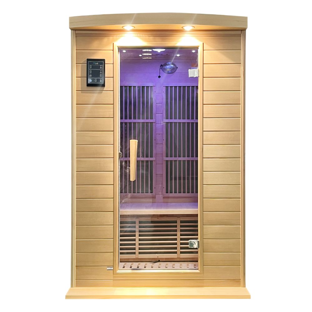 SteamSpa Home Sauna Room 1-2 Person Hemlock Wooden Indoor Sauna Spa - Bluetooth Speaker, FM, Oxygen bar, Heating Plate, Three Color Light, Touch Control Panel Temperature SC-SS0009-0S