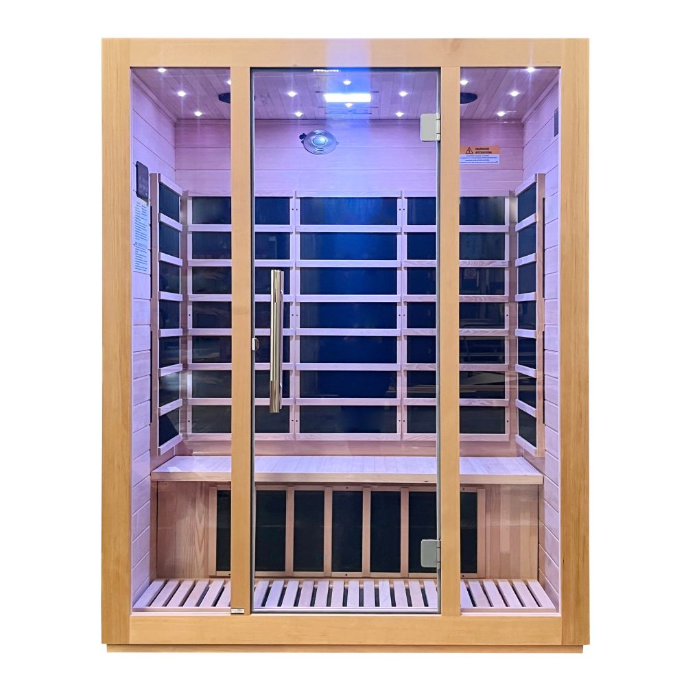 SteamSpa Home Sauna Room 3 Person Hemlock Wooden Indoor Sauna Spa - Bluetooth Speaker, FM, Radio, Oxygen bar, Heating Plate, Three Color Light, Touch Control Panel Temperature SC-SS0008-3P
