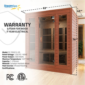 SteamSpa Curacao 3-Person Carbon FAR Infrared Hemlock Wooden Indoor Home Sauna Room with LED Touch Control Panel SC-SS0012-0S