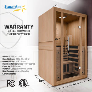 SteamSpa Fiji 2-Person Carbon FAR Infrared Hemlock Wooden Indoor Home Sauna Room with LED Touch Control Panel SC-SS0011-0S