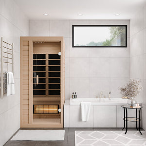 SteamSpa Lucia 1-Person Carbon FAR Infrared Hemlock Wooden Indoor Home Sauna Room with LED Touch Control Panel SC-SS0013-GS