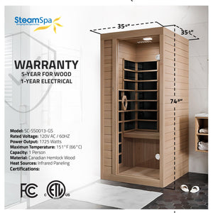 SteamSpa Lucia 1-Person Carbon FAR Infrared Hemlock Wooden Indoor Home Sauna Room with LED Touch Control Panel SC-SS0013-GS