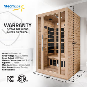 SteamSpa Maldives 2-Person Low EMF Carbon FAR Infrared Hemlock Wooden Indoor Home Sauna Room with LED Touch Control Panel SC-SS0008-2P