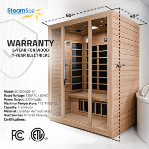 SteamSpa Maldives 3-Person Carbon FAR Infrared Hemlock Wooden Indoor Home Sauna Room with LED Touch Control Panel SC-SS0008-3P