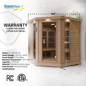 SteamSpa Mauritius 5-Person Carbon FAR Infrared Hemlock Wooden Indoor Home Sauna Room with LED Touch Control Panel SC-SS0010-0S