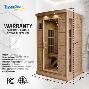 SteamSpa Seychelles 2-Person Carbon FAR Infrared Infrared Hemlock Wooden Indoor Home Sauna Room with LED Touch Control Panel SC-SS0009-0S