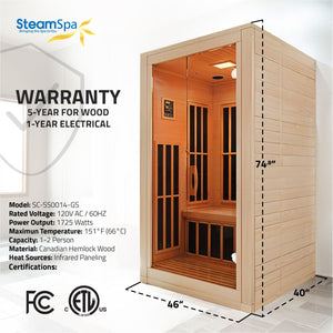 SteamSpa Viti 2-Person Carbon FAR Infrared Hemlock Wooden Indoor Home Sauna Room with LED Touch Control Panel SC-SS0014-GS