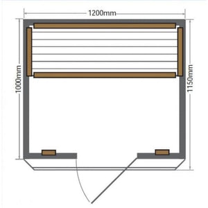 A top-down 2D architectural floor plan of a rectangular sauna measuring 1200mm wide by 1150mm deep, featuring an interior bench spanning the back wall, surrounding brown heating panel outlines, and a front doorway with a swinging door.