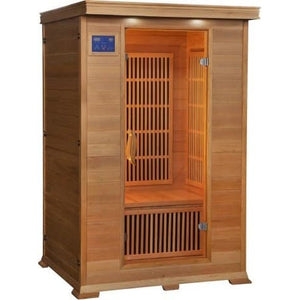Studio product shot of the SunRay Evansport 2-Person Indoor Infrared Sauna against a plain white background, featuring a light cedar wood construction, front glass door, blue digital control panel, and slatted interior backrests.