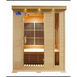 Studio product shot of the SunRay 3-Person Aspen Indoor Infrared Sauna (model HL300K2) against a plain white background, featuring a light wood construction, a glass door next to a vertical glass window panel, a blue digital control panel, and recessed ceiling lights.