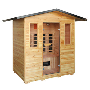 The SunRay Sauna Cayenne 4-Person Outdoor Infrared Sauna (HL400D3) is showcased featuring a robust wooden construction, a pitched metal roof with a wide overhang, and a central glass entry door flanked by two vertical windows. Visible interior features include wooden benches, slatted backrests, and infrared heating panels.