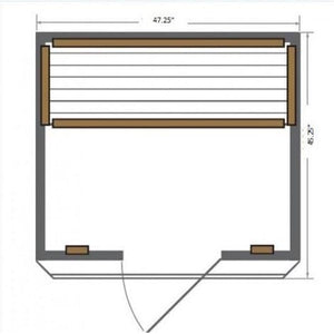 A top-down 2D architectural floor plan of a rectangular sauna measuring 47.25 inches wide by 45.25 inches deep, showing an interior bench across the back wall, brown heating panel layouts, and a front entryway with an outward-swinging door.