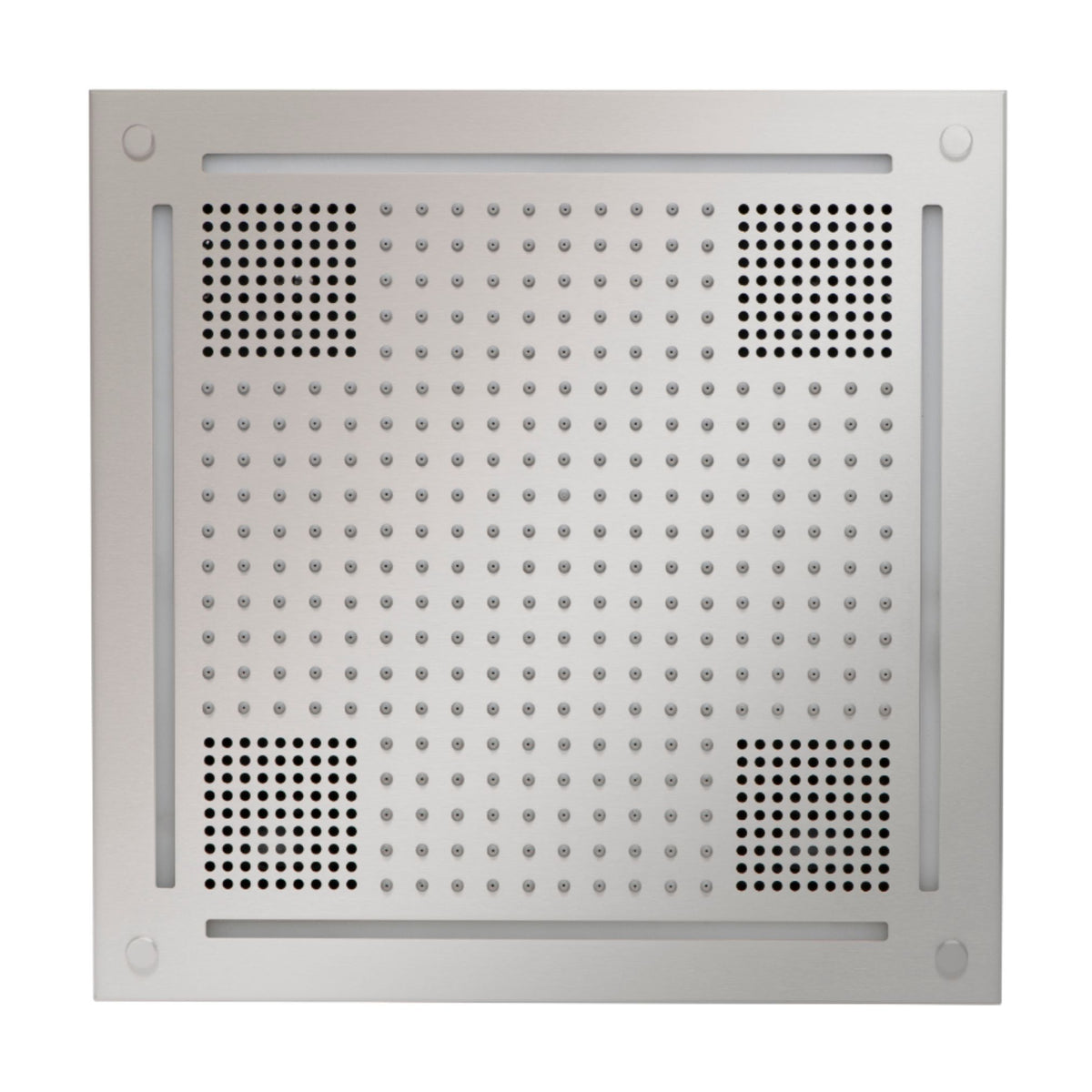 Square brushed nickel shower head panel with a dense rain-style spray grid, four corner mist zones, LED light strips framing the perimeter, and mounting screws at each corner.
