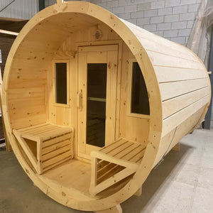 True North Barrel Outdoor Sauna TNSBS - Top-quality Red Cedar, White Cedar, or Pine Wood - Porch includes 2 premium design seats - Glass doors - Door handles - Roof boards - Vital Hydrotherapy