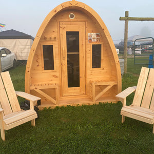 True North Saunas Large Pod Outdoor Sauna TNSLPS - Premium Red Cedar, White Cedar, or Pine Wood - Porch Includes 2 Premium Design Seats - Roof membrane - Roof boards - Flat floors - Door Handles - Glass Doors - Benches - Vital Hydrotherapy