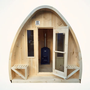 True North Saunas Large Pod Outdoor Sauna TNSLPS - Premium Red Cedar, White Cedar, or Pine Wood - Porch Includes 2 Premium Design Seats - Roof membrane - Roof boards - Flat floors - Door Handles - Glass Doors - Benches - Vital Hydrotherapy