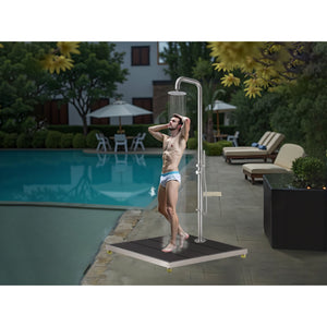 Wayime 33 * 30" Plastic Wood with Stainless Steel Frame Dark Grey Base Make Outdoor Shower Movable & Install Outdoor Shower Without Call Plumber CB-023