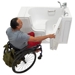 Ella Wheelchair Transfer 26"x52" Acrylic Hydro Massage Walk-In Bathtub with Right side wheelchair Outward Swing Door, 2 Piece Fast Fill Faucet, 2" Dual Drain - with with 2 stainless steel grab bars - L-shape wheelchair, 2-latch door lock system concealed with an acrylic decorative cover, Cast acrylic high gloss finish, fiberglass gel-coat reinforced, Rugged stainless steel frame Walk-In Bathtub with 1 man sitting in a wheelchair