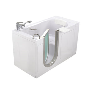 Ella Royal 32"x52" Acrylic Soaking Walk-In-Bathtub, Left Inward Swing Door, 2 Piece Fast Fill Faucet, 2" Dual Drain, 24” wide seat, 2 stainless steel grab bars, 360° swivel tray, Brushed stainless steel and frosted tempered glass door in a white background