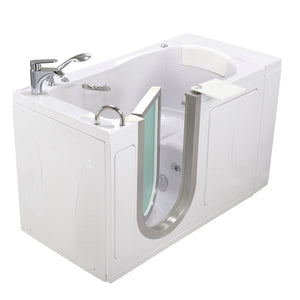 Ella Elite 30"x52" Acrylic Hydro + Heat Massage Walk-In Bathtub with Brushed stainless steel and frosted tempered glass door and Left Swing Door, 2 Piece Fast Fill Faucet, 2" Dual Drain, 2 overflows, two 5 ft. incoming supply lines and 2 drain elbows, 2 stainless steel grab bars, 360° swivel tray, Detachable wide backrest in a white background.