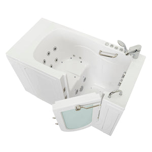Ella Monaco 32"x52" Acrylic Air and Hydro Massage Walk-In Bathtub with Right Outward Swing Door, 2 Piece Fast Fill Faucet, 2" Dual Drain, 2 stainless steel grab bars, 23” wide seat, Composite and tempered glass outward swing door with door seal and ANTI-leak 3 latch system in a white background.