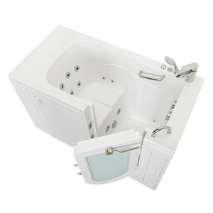 Ella Monaco 32"x52" Acrylic Hydro Massage Walk-In Bathtub with Right Outward Swing Door, Heated Seat, 2 Piece Fast Fill Faucet, 2" Dual Drain, 23” wide seat, 2 stainless steel grab bars, Composite and tempered glass outward swing door with door seal and ANTI-leak 3 latch system in a white background.