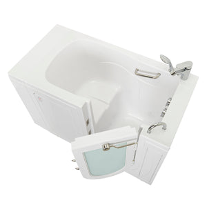 Ella Monaco 32"x52" Acrylic Soaking Walk-In-Bathtub, Right Outward Swing Door, Heated Seat,  5 Piece Fast Fill Faucet, 2" Dual Drain, 2 stainless steel grab bars, 23” wide seat, Composite and tempered glass outward swing door with door seal and ANTI-leak 3 latch system in a white background.