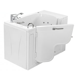 Ella Wheelchair Transfer 32"x52" Acrylic Air and Hydro Massage Walk-In Bathtub with Left Outward Swing Door, 2 Piece Fast Fill Faucet, 2" Dual Drain,  24” wide seat, 2 stainless steel grab bars, L-shape wheelchair transfer outswing door in a white background.
