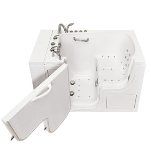Ella Wheelchair Transfer 32"x52" Acrylic Air and Hydro Massage Walk-In Bathtub with Left Outward Swing Door, 5 Piece Fast Fill Faucet, 2" Dual Drain,  24” wide seat, 2 stainless steel grab bars, L-shape wheelchair transfer outswing door in a white background.