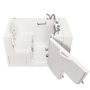 Ella Wheelchair Transfer 32"x52" Acrylic Hydro Massage Walk-In Bathtub with Right Outward Swing Door, 5 Piece Fast Fill Faucet, 2" Dual Drain,  24” wide seat, 2 stainless steel grab bars, L-shape wheelchair transfer outswing door in a white background.