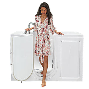 Ella Monaco 32"x52" Acrylic Air and Hydro Massage and Heated Seat Walk-In Bathtub with Left Outward Swing Door, 2 Piece Fast Fill Faucet, 2" Dual Drain, 2 stainless steel grab bars, 23” wide seat, Composite and tempered glass outward swing door with door seal and ANTI-leak 3 latch system with one woman model in a white background.