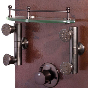 PULSE ShowerSpas Hammered Copper ORB Shower Panel - Mojave ShowerSpa - Hand-forged hammered copper panel with brass fixtures in Oil-Rubbed Bronze finish - 4 Dual-head brass body jets, Built-in glass shelf with ORB accents - 1016 - Vital Hydrotherapy