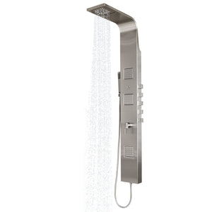 PULSE ShowerSpas Matte Brushed Stainless Steel Shower Panel - Waimea ShowerSpa 1034 - with 6" Waterfall showerhead and 4" rain showerhead, hand shower with 59" double-interlocking stainless steel hose, 3 Extra-large adjustable body jets and Multiple diverters - Rain showerhead - Vital Hydrotherapy