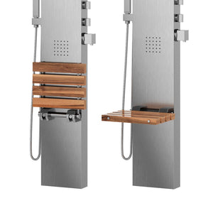 PULSE ShowerSpas Matte Brushed Stainless Steel Shower Panel - Oahu ShowerSpa - accented with polished chrome fixtures - Rejuvenating body jets and Multiple diverters - with hand shower with 59" double-interlocking stainless steel hose and folding seat made of teak wood - 1035 - Vital Hydrotherapy