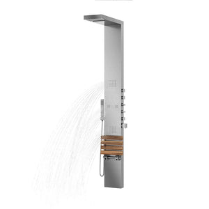 PULSE ShowerSpas Matte Brushed Stainless Steel Shower Panel - Oahu ShowerSpa - accented with polished chrome fixtures - with rain and waterfall showerhead, 4 Rejuvenating body jets in two sizes, thermostatic valve and Multiple diverters - with hand shower with 59" double-interlocking stainless steel hose and folding seat made of teak wood - 1035 - Vital Hydrotherapy