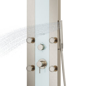 PULSE ShowerSpas Seafoam Glass Shower Panel - Tropicana ShowerSpa - Brushed stainless steel frame and Brushed Nickel accents - Single-function Silk-Spray Jets, Single function hand shower with double-interlocking stainless steel hose, Tub spout/temperature tester and Brass diverter - 1039W-BN - Vital Hydrotherapy