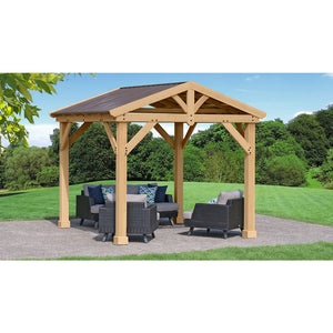 10' x 10' Meridian Pavilion 100% premium Cedar lumber and finished in a Natural Cedar stain with a coffee brown aluminum premium gable roof design and overall dimensions of 10’ L x 9’ 11” W x 9’ 3” H - Vital Hydrotherapy