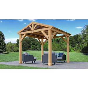 10' x 10' Meridian Pavilion 100% premium Cedar lumber and finished in a Natural Cedar stain with a coffee brown aluminum roof and overall dimensions of 10’ L x 9’ 11” W x 9’ 3” H isometric view - Vital Hydrotherapy 