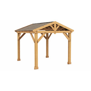 10' x 10' Meridian Pavilion 100% premium Cedar lumber and finished in a Natural Cedar stain with a coffee brown aluminum premium gable roof design and overall dimensions of 10’ L x 9’ 11” W x 9’ 3” H isometric view - Vital Hydrotherapy