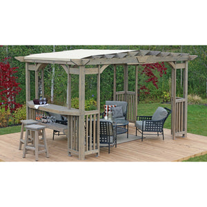 Yardistry 10' x 14' Madison Pergola YM11783 - Premium Cedar Lumber - Removable and Snap-on Sunshade - Premium Corner Design With Wooden Balusters - Bar and Shelf Feature - Pre-cut, Pre-drilled, and Pre-finished - Set In a Garden - Vital Hydrotherapy