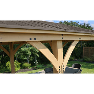 12 x 24 Meridian Gazebo - exterior grade cedar coated in natural cedar-color stain with coffee brown colored aluminum roof