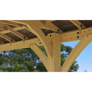 12 x 24 Meridian Gazebo - exterior grade cedar coated in natural cedar-color stain with coffee brown colored aluminum roof