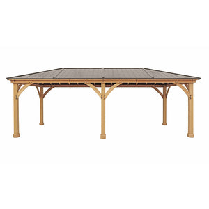 12 x 24 Meridian Gazebo - exterior grade cedar coated in natural cedar-color stain with coffee brown colored aluminum roof, 6” x 6” Posts with classic plinths, Heavy, curved corner gussets in a white background