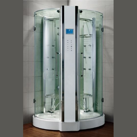 Athena Steam Shower with dual entry glass doors,12 acupressure body jets, solid glass bench seating and a Heavy-duty glass design surrounded by polished aluminum trim