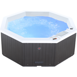 Canadian Spa Muskoka 5-Person 14-Jet Portable Plug & Play Hot Tub - White inside - Black outside - with adjustable stainless steel hydrotherapy jets, multi-coloured LED lighting - Size: 74" x 74"x 29" - Front view - Filled with water - KH-10096 - Vital Hydrotherapy