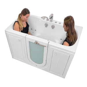Two woman sitting in a Ella Tub4Two 32"x60" vacuum formed from a solid, long-lasting acrylic sheet with two center-facing seats, U-Shape outward swing door with a gear/shaft driven 3-latch door lock in a white background
