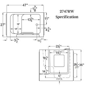 Meditub Walk-In 27 x 47 Right Drain White Walk-In Bathtub 2747RW Dimension Drawing - Vital Hydrotherapy